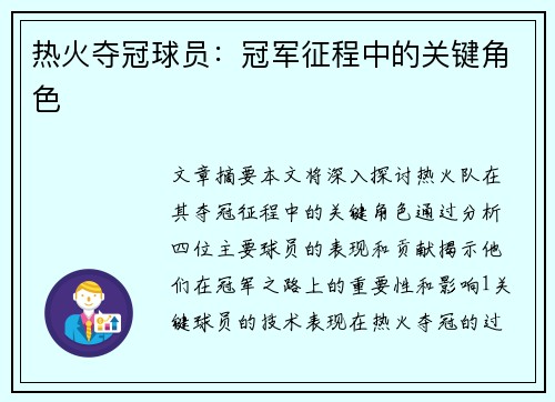 热火夺冠球员：冠军征程中的关键角色